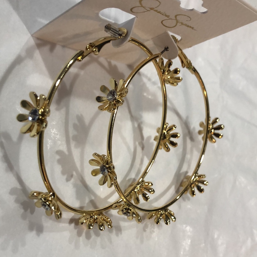 Jessica‎ Simpson cubic zirconia studded flower gold plated hoop earrings new